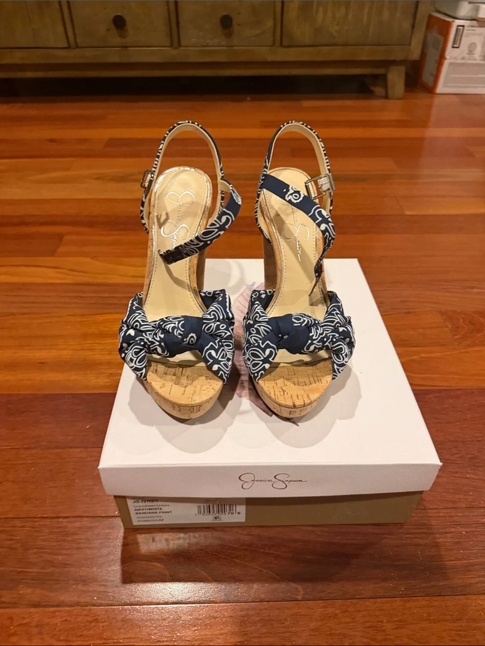 Jessica Simpson Navy Patterned Cork Platform Heels